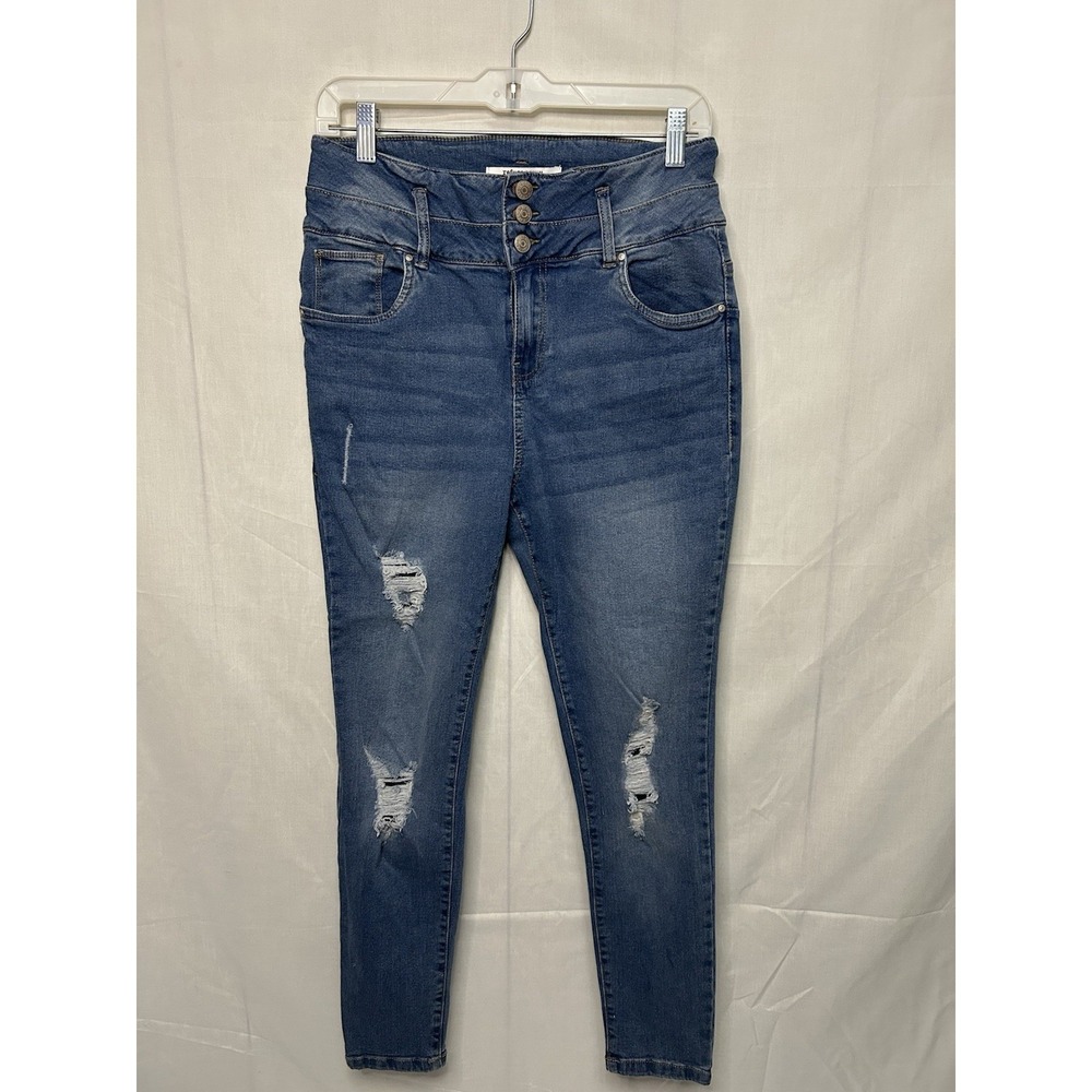 Refuge Ibiza Distressed‎ Skinny Jeans Womens 9 Blue Stretch Denim Button Fly